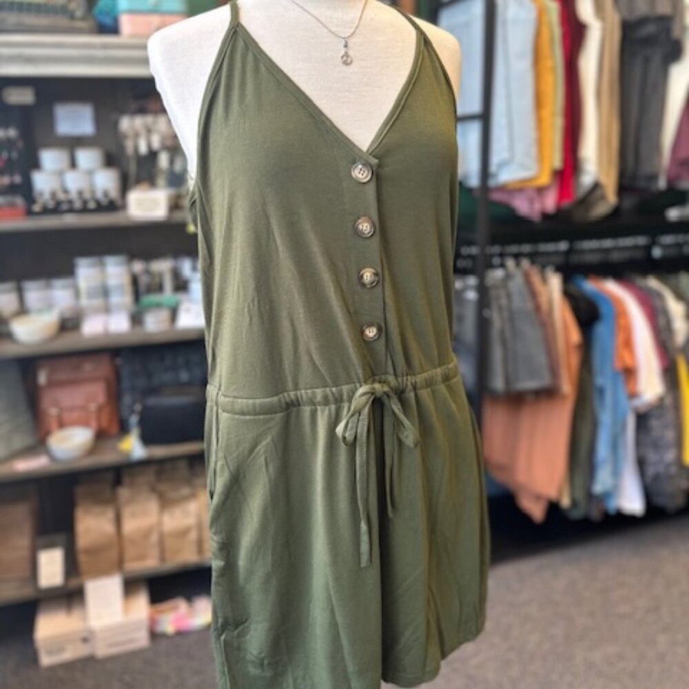 NWT Boutique Dark Green Button Sleeveless Spaghetti Strap Romper